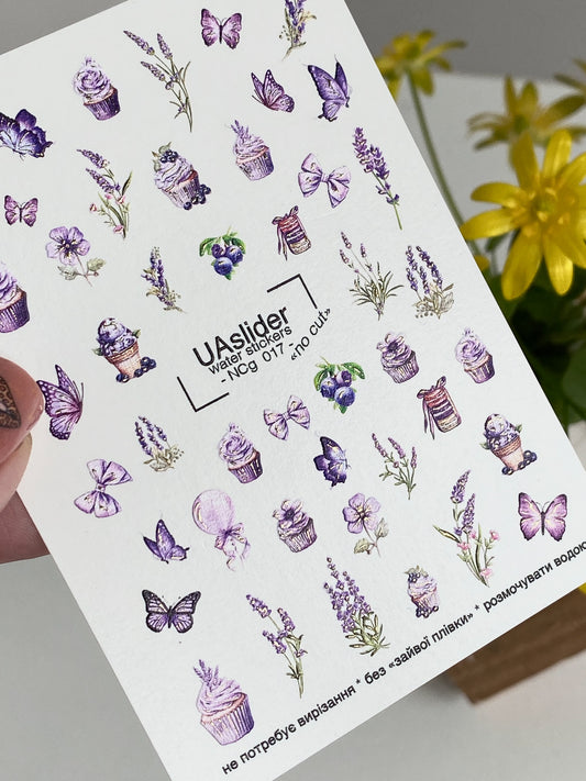 Nail Water Decal NCg-017 | Water Slide Nail Decals Lavender Cupcakes | Butterflies and Berries