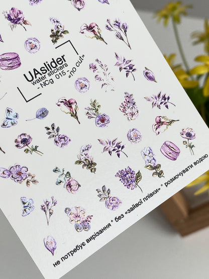 Köröm víz matrica NCg-015 | Vízsikló köröm matricák lila virágok | Virágok és pillangók