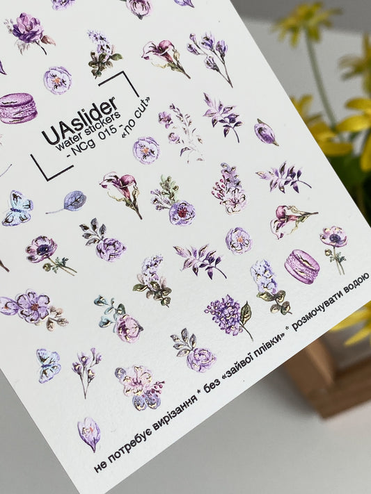 Adesivo per unghie NCg-015 | Adesivi per unghie a scivolamento ad acqua fiori viola | Fiori e farfalle