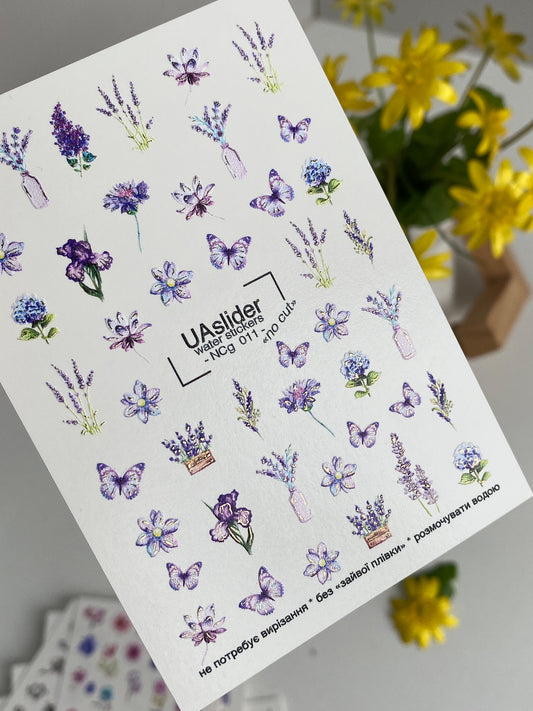 Nálepka na nehty NCg-011 | Vodní nálepky na nehty fialové květiny | Levandule a motýli