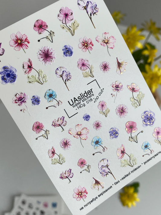 Adesivo per unghie NCg-018 | Adesivi per unghie a scivolamento d'acqua Fiori colorati | Fiori rosa, blu e viola