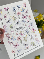 Floral Nail Decals — Watercolor Flowers, Butterflies & Dragonflies | NCg-013