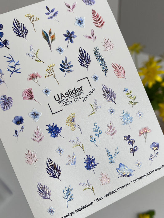 Adesivo per Unghie NCg-014 | Adesivi per Unghie a Trasferimento d'Acqua Foglie Botaniche | Fiori Blu e Rosa