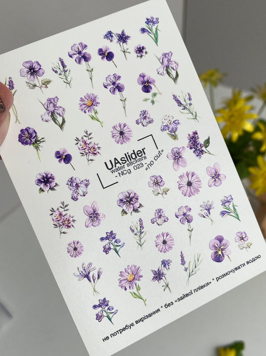 Adesivo per unghie NCg-023 | Adesivi per unghie a trasferimento d'acqua fiori viola | Lavanda e fiori selvatici