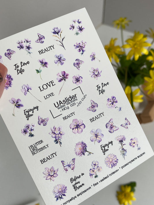 Nail Water Decal NCg-025 | Water Slide Nail Decals with Purple Flowers & Butterflies | Romantic Botanical Set