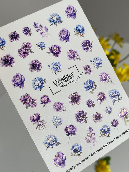 Adesivo per Unghie NCg-035 | Adesivi per Unghie a Scorrimento con Fiori Viola e Blu | Set Floreale Elegante