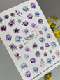 Adesivo de Água para Unhas NCg-035 | Adesivos Deslizantes para Unhas com Flores Roxas e Azuis | Conjunto Floral Elegante