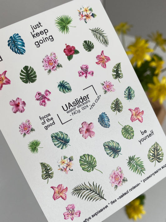 Adesivo per Unghie ad Acqua NCg-024 | Adesivi per Unghie ad Acqua con Foglie Tropicali e Fiori | Mix Botanico Esotico