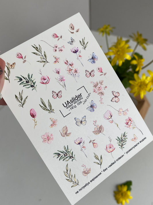 Nail Water Decal NCg-028 | Water Transfer Nail Decals with Pastel Flowers & Butterflies | Delicate Garden Set
