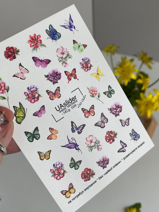 Nail Water Decal NCg-029 | Nail Water Decals with Multicolor Butterflies & Flowers | Vibrant Garden Mix