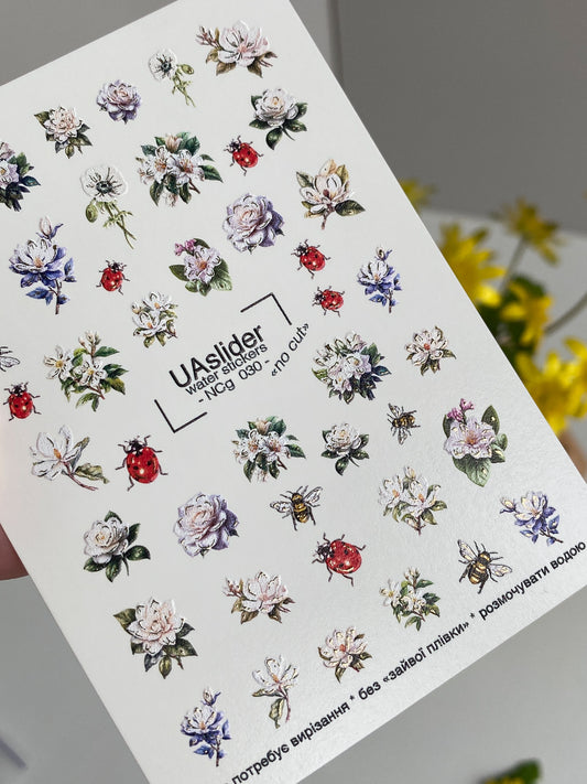 Nail Water Decal NCg-030 | Water Slide Nail Decals with Roses, Ladybugs & Bees | Romantic Garden Mix