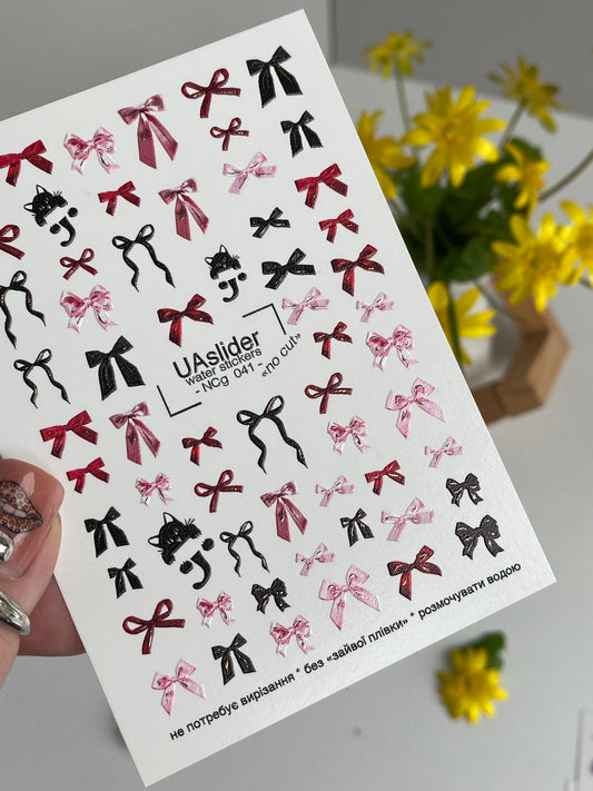 Nail Water Decal NCg-041 | Water Slide Nail Decals | Red, Pink & Black Bows