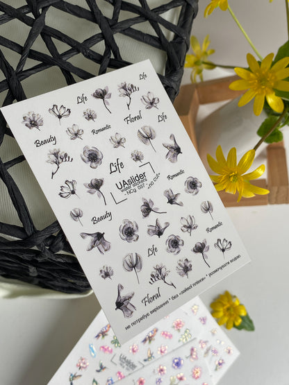 Nagel Wasserabziehbild NCg-037 | Wassertransfer Nagelabziehbilder mit Schwarz- & Weißblumen | Minimalistisches Romantisches Set