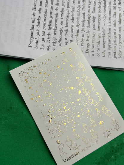 Nail Water Decal Fg-034 | Abstract Women Silhouette Nail Water Decals with Gold Splashes | Modern Artistic Nail Art