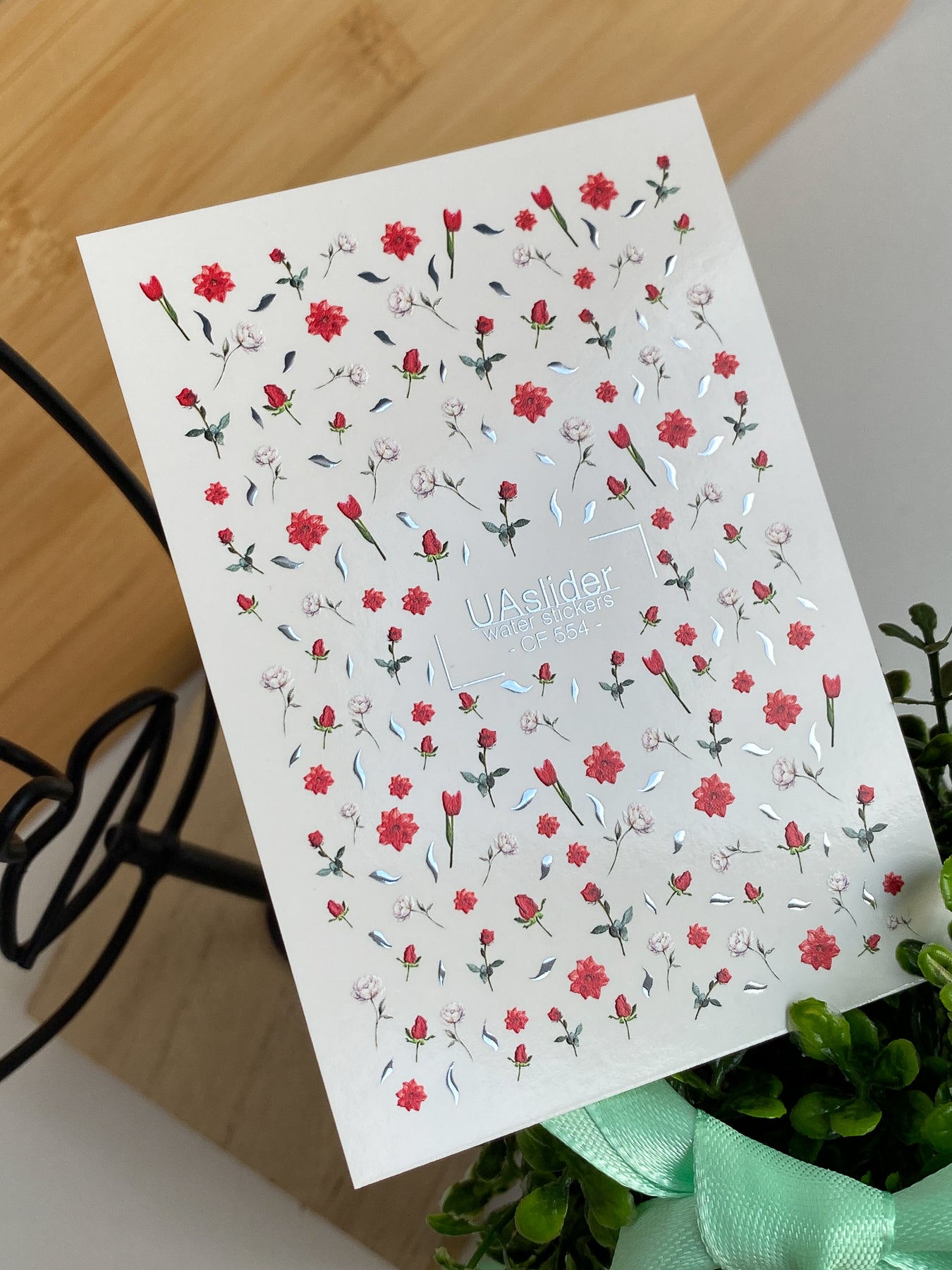 Nail Water Decal CF-553 | Red Roses & Blossoms Nail Decals | Elegant Water Stickers with Gold Details