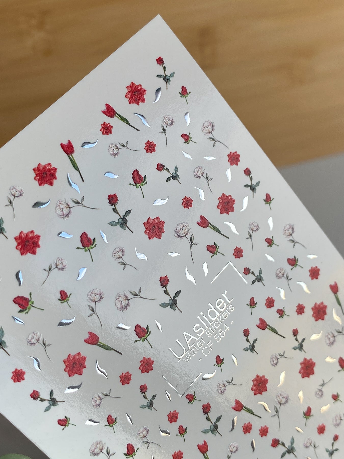 Nail Water Decal CF-553 | Red Roses & Blossoms Nail Decals | Elegant Water Stickers with Gold Details