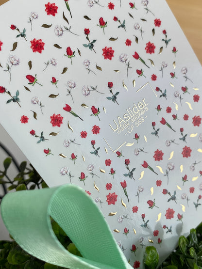 Nail Water Decal CF-553 | Red Roses & Blossoms Nail Decals | Elegant Water Stickers with Gold Details