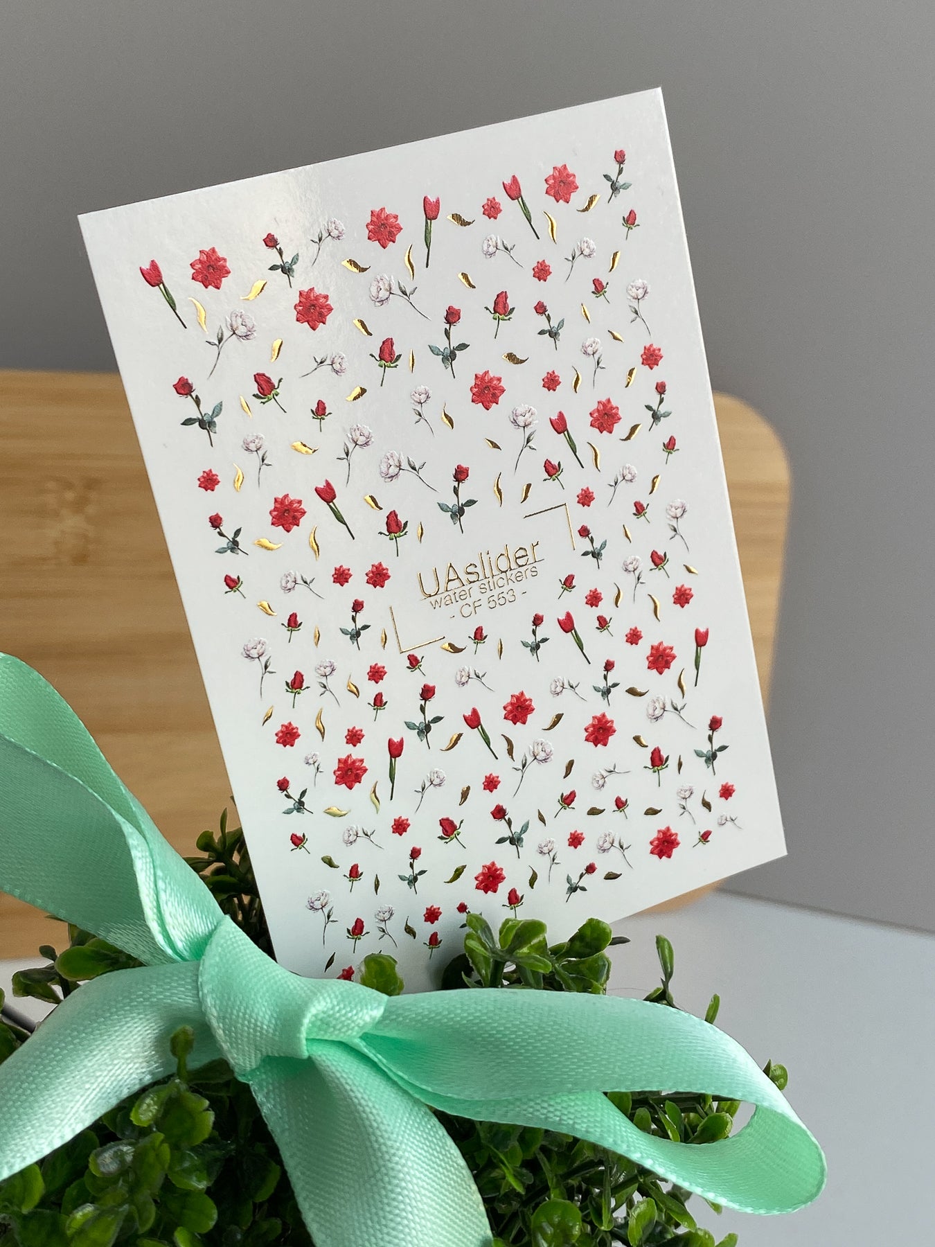 Nail Water Decal CF-553 | Red Roses & Blossoms Nail Decals | Elegant Water Stickers with Gold Details