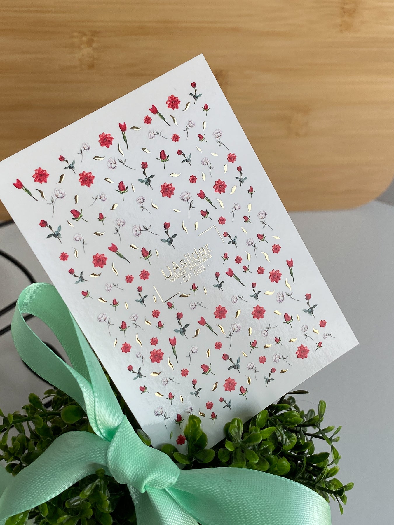 Nail Water Decal CF-553 | Red Roses & Blossoms Nail Decals | Elegant Water Stickers with Gold Details