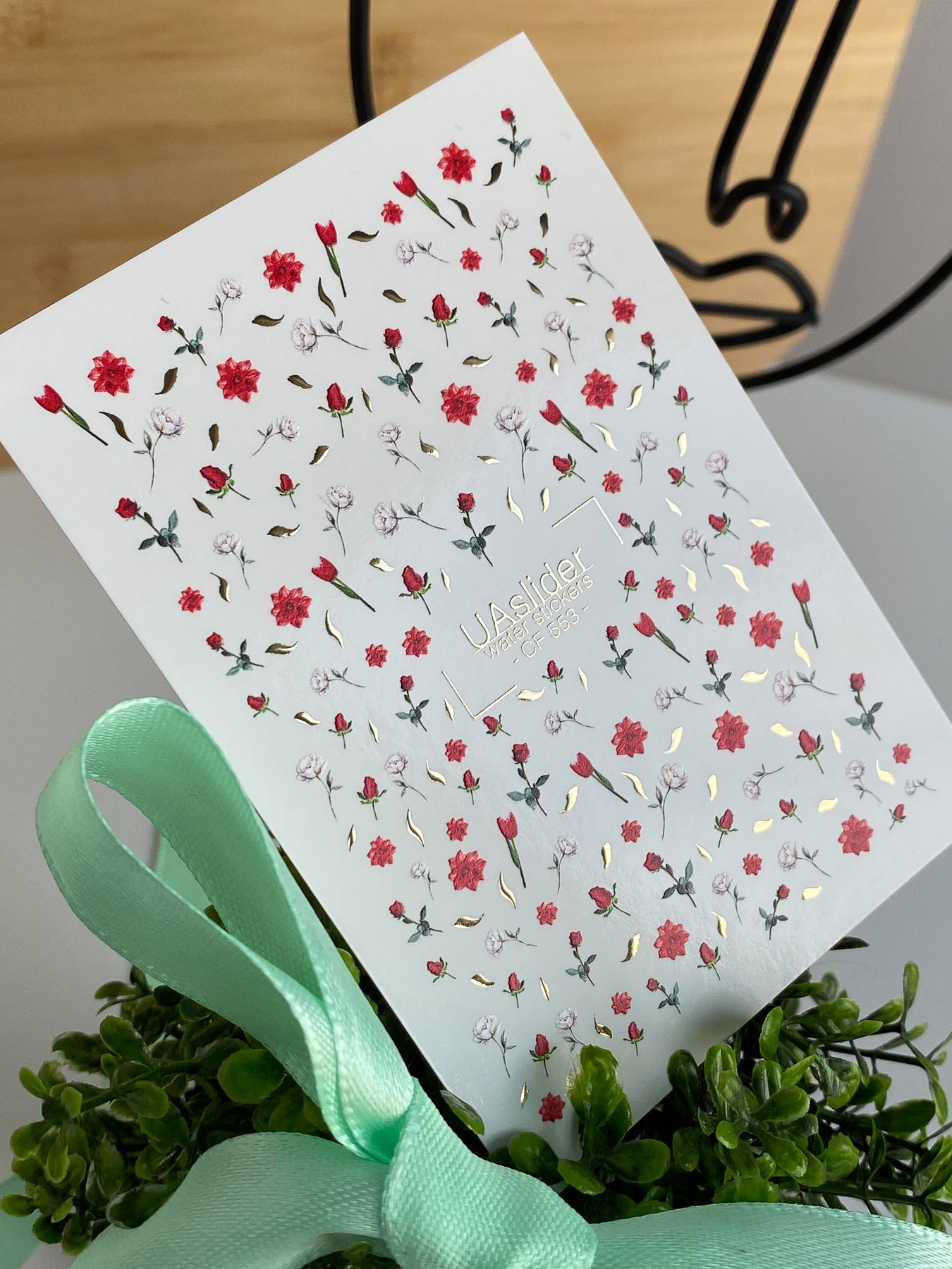 Nail Water Decal CF-553 | Red Roses & Blossoms Nail Decals | Elegant Water Stickers with Gold Details