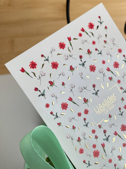 Nail Water Decal CF-553 | Red Roses & Blossoms Nail Decals | Elegant Water Stickers with Gold Details