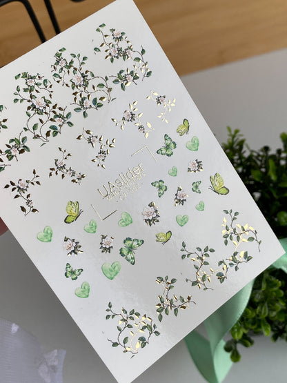 Nail Water Decal CF-552 | Green Floral & Butterfly Nail Decals | Elegant Water Stickers for Manicure