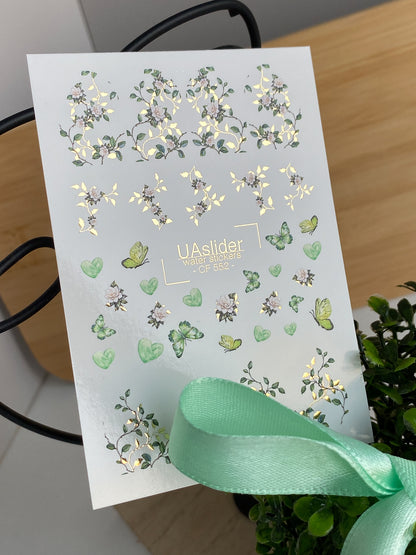 Nail Water Decal CF-552 | Green Floral & Butterfly Nail Decals | Elegant Water Stickers for Manicure