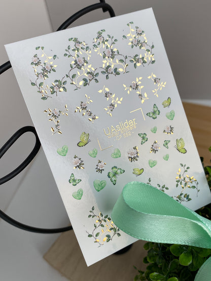 Nail Water Decal CF-552 | Green Floral & Butterfly Nail Decals | Elegant Water Stickers for Manicure