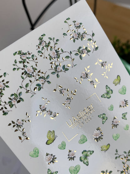 Nail Water Decal CF-552 | Green Floral & Butterfly Nail Decals | Elegant Water Stickers for Manicure