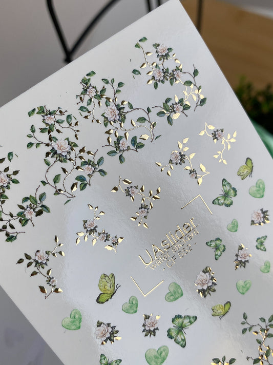 Nail Water Decal CF-552 | Green Floral & Butterfly Nail Decals | Elegant Water Stickers for Manicure