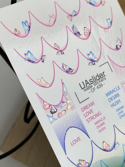 Nagel Wasserabziehbild CF-349 | Wasserfolien Nagelabziehbilder | Französische Spitzen mit Schmetterlingen & romantischen Worten