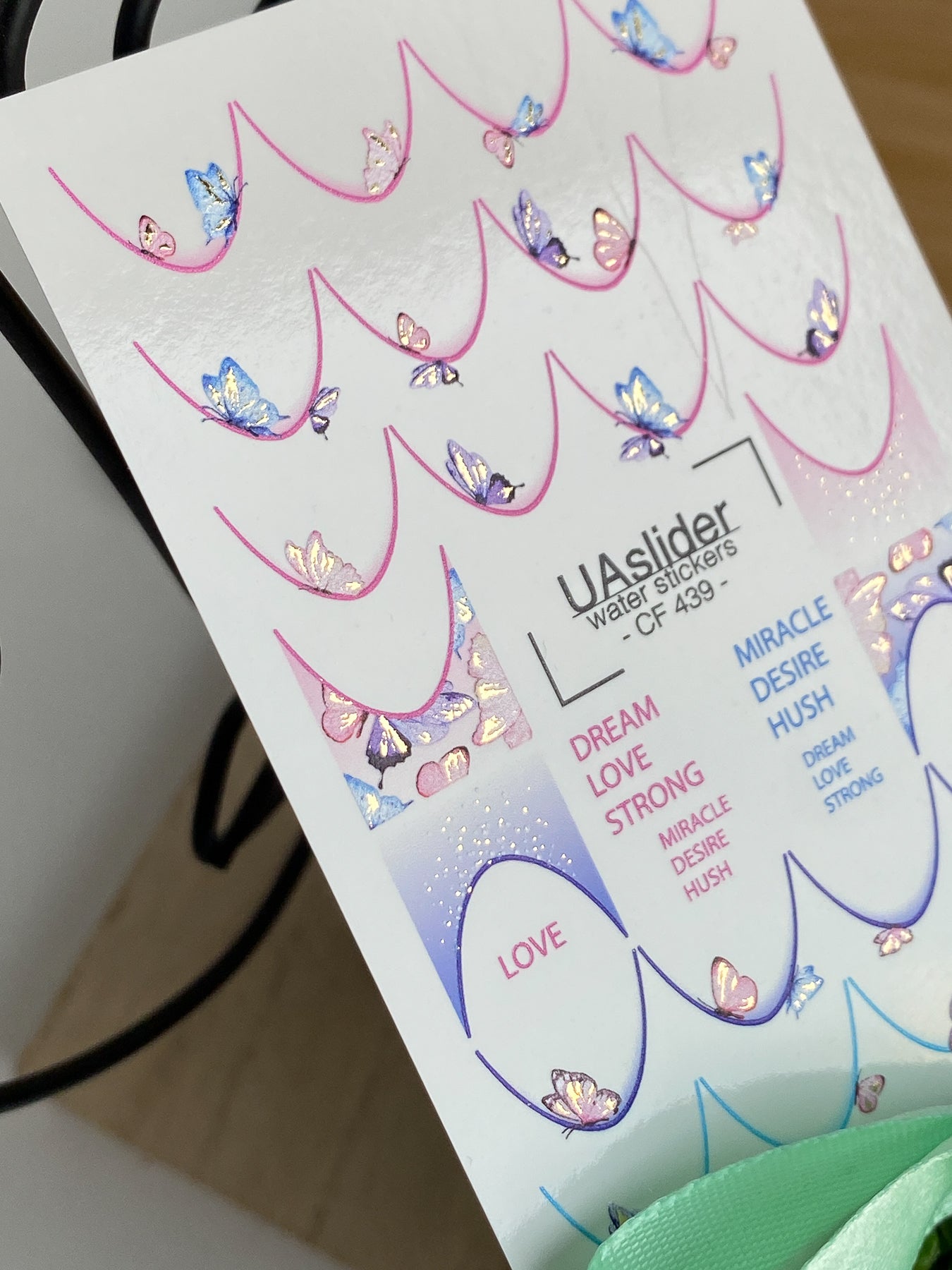 Nagel Wasserabziehbild CF-349 | Wasserfolien Nagelabziehbilder | Französische Spitzen mit Schmetterlingen & romantischen Worten