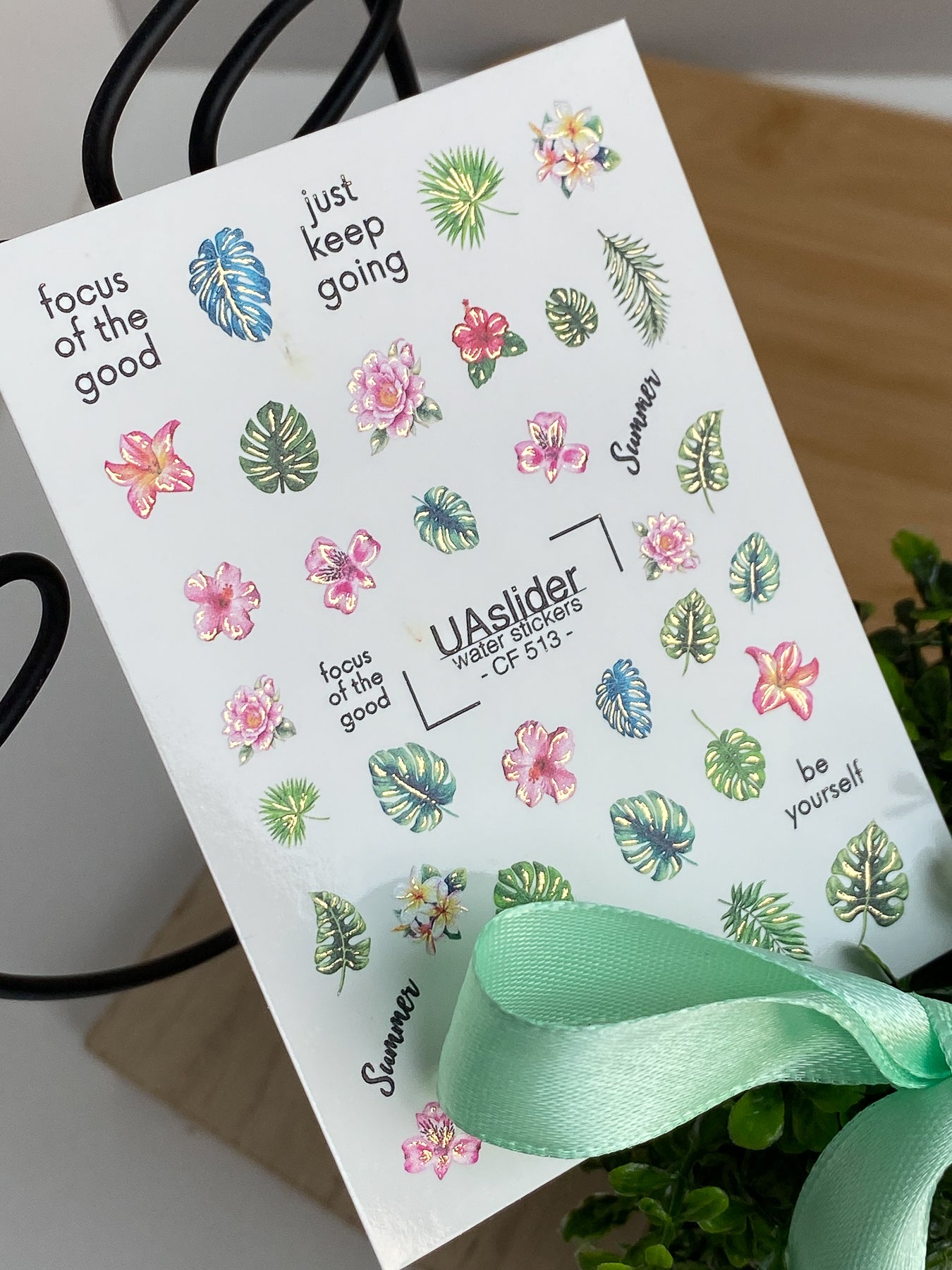 Nail Water Decal CF-513 | Water Slide Nail Decals with Tropical Leaves & Summer Flowers | Exotic Nail Art