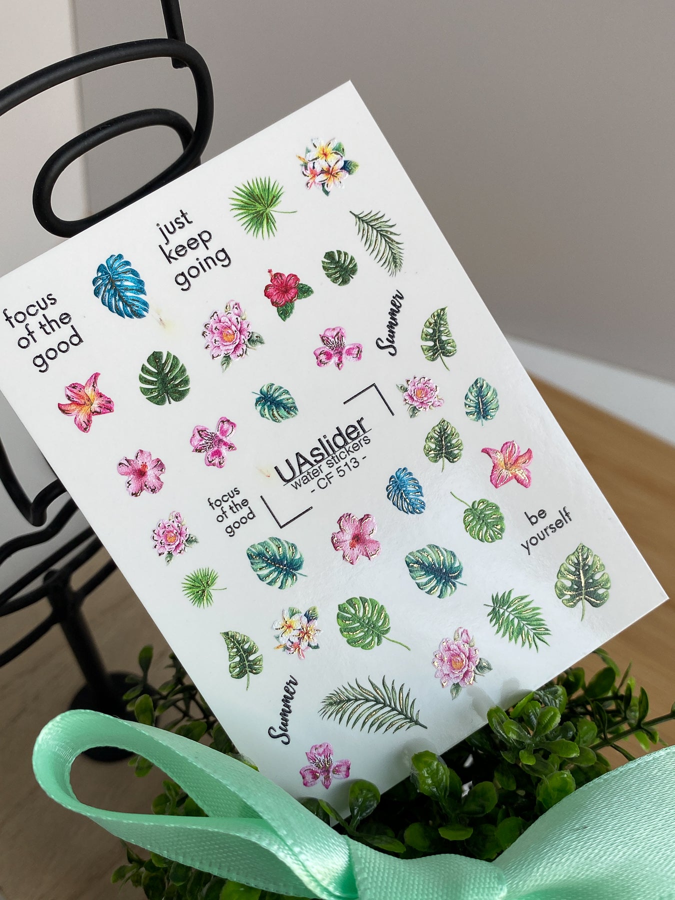 Nail Water Decal CF-513 | Water Slide Nail Decals with Tropical Leaves & Summer Flowers | Exotic Nail Art