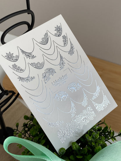 Nail Water Decal Fs-289 | Silver Lace Water Slide Nail Decals | Elegant Foil French Manicure Nail Tattoos