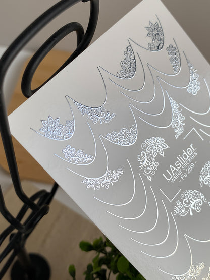 Nail Water Decal Fs-289 | Silver Lace Water Slide Nail Decals | Elegant Foil French Manicure Nail Tattoos