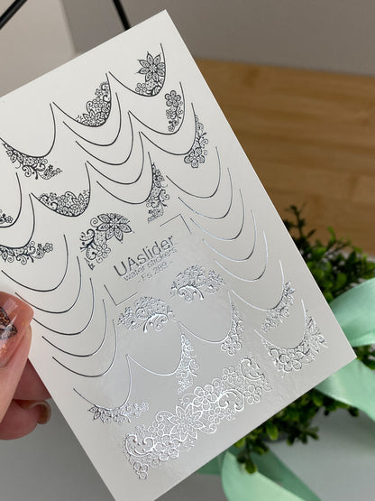 Nail Water Decal Fs-289 | Silver Lace Water Slide Nail Decals | Elegant Foil French Manicure Nail Tattoos