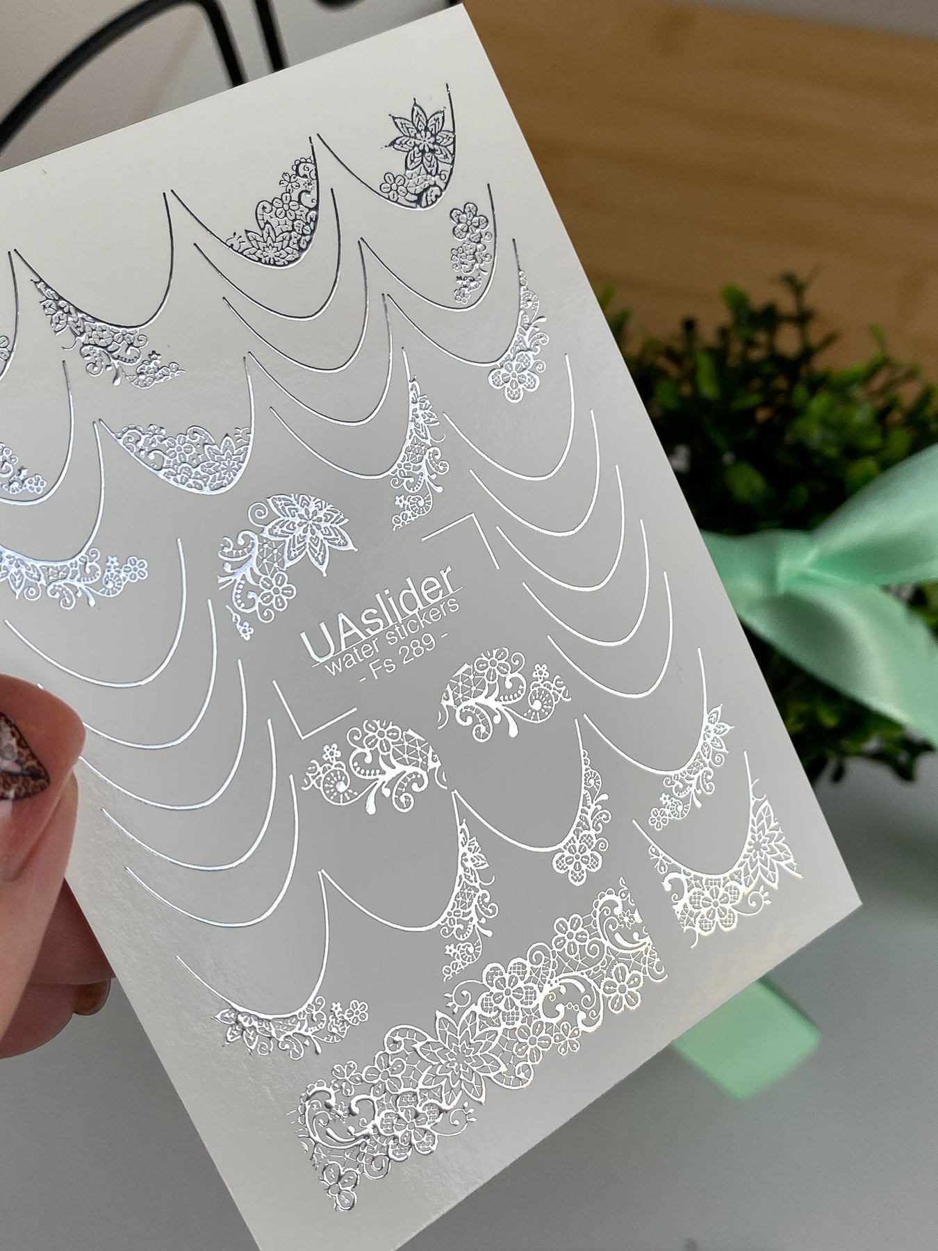 Nail Water Decal Fs-289 | Silver Lace Water Slide Nail Decals | Elegant Foil French Manicure Nail Tattoos