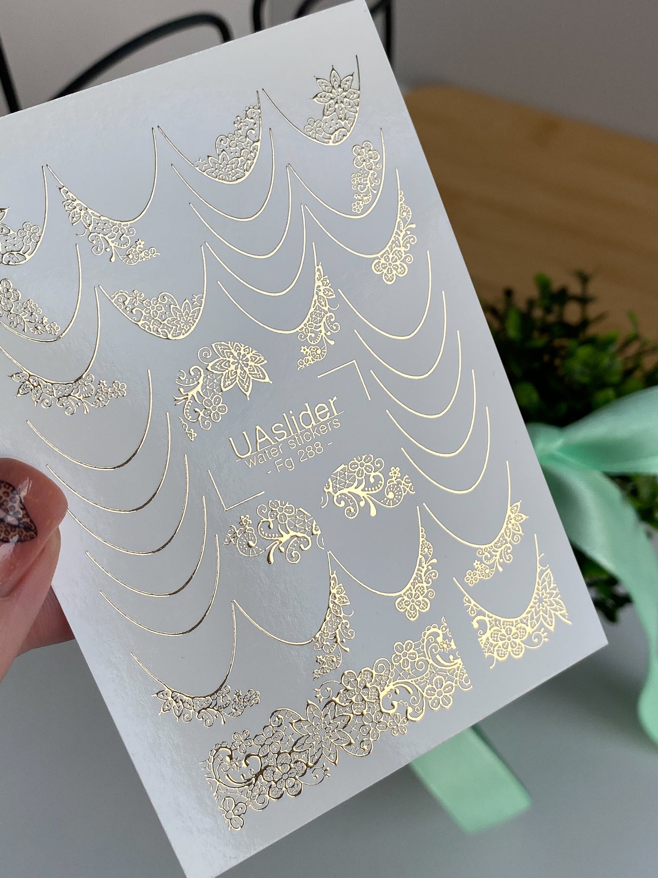 Nail Water Decal Fg-288 | Water Slide Nail Decals | Gold Foil Floral French Tips