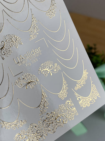 Nail Water Decal Fg-288 | Water Slide Nail Decals | Gold Foil Floral French Tips