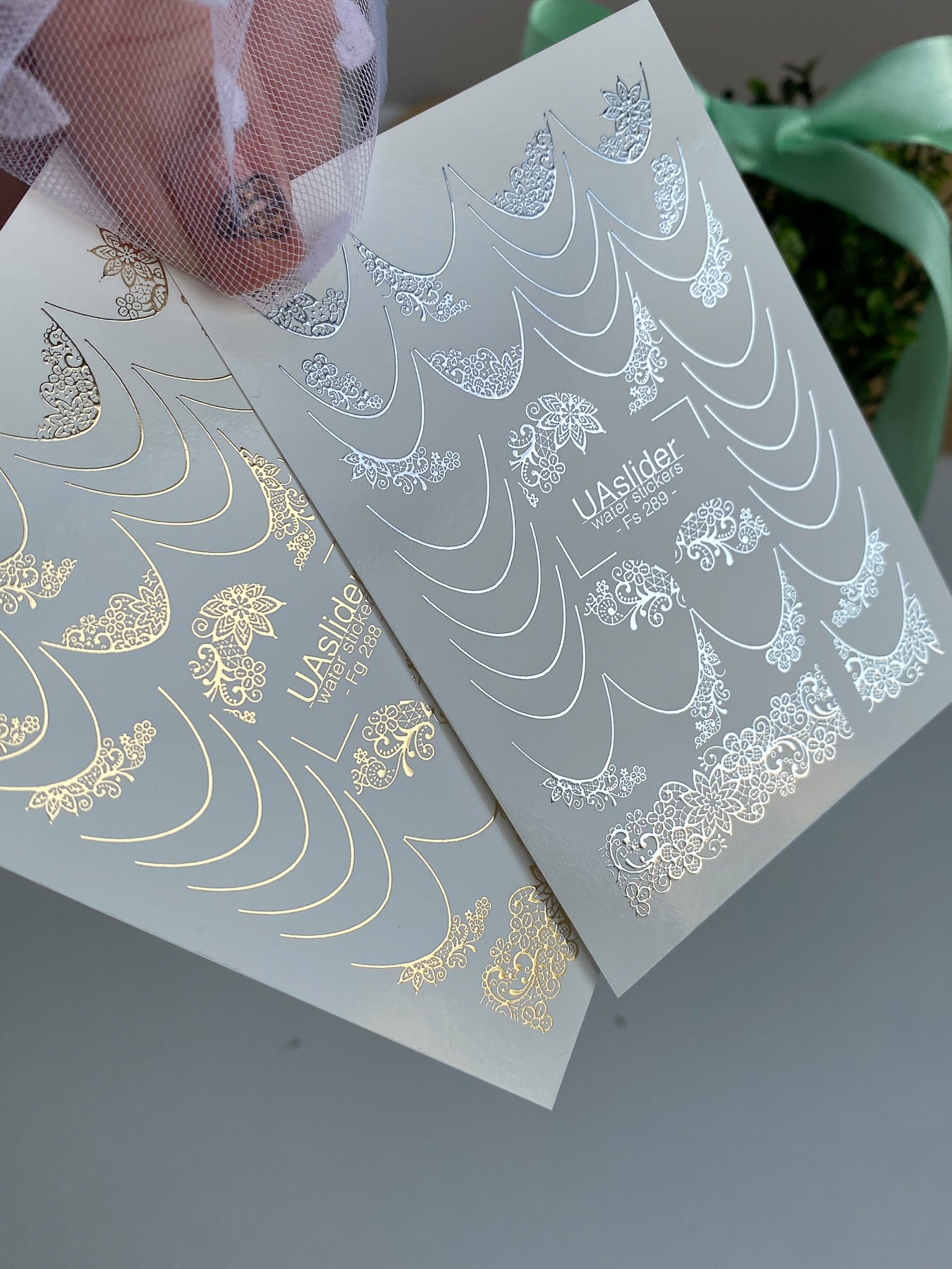 Nail Water Decal Fs-289 | Silver Lace Water Slide Nail Decals | Elegant Foil French Manicure Nail Tattoos