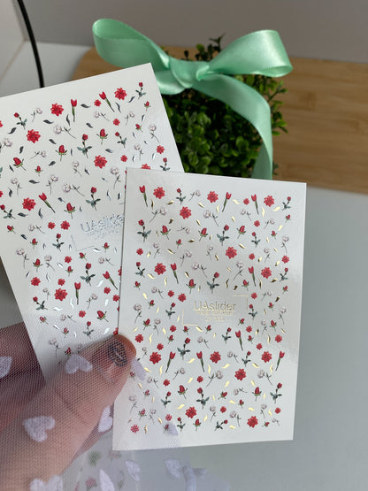 Nail Water Decal CF-553 | Red Roses & Blossoms Nail Decals | Elegant Water Stickers with Gold Details