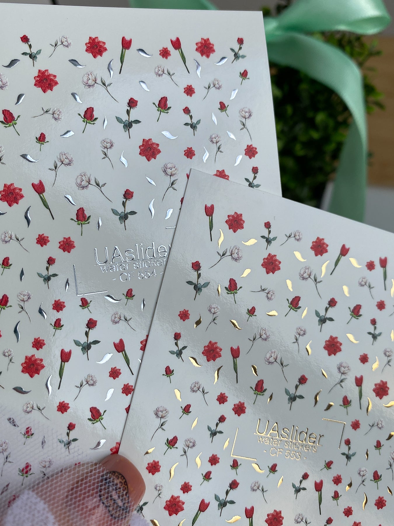 Nail Water Decal CF-553 | Red Roses & Blossoms Nail Decals | Elegant Water Stickers with Gold Details