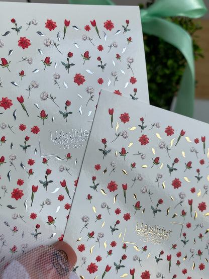 Nail Water Decal CF-553 | Red Roses & Blossoms Nail Decals | Elegant Water Stickers with Gold Details
