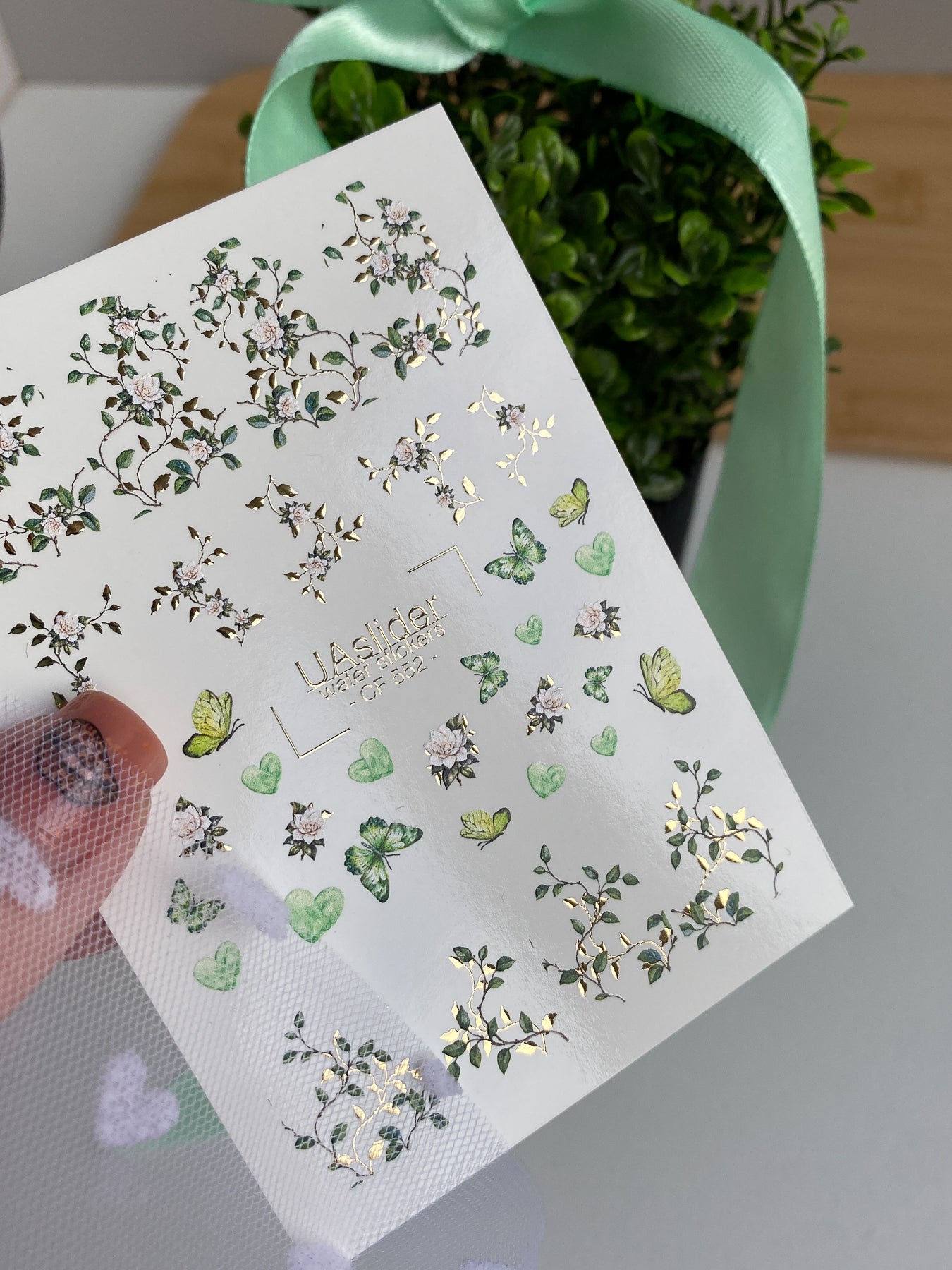 Nail Water Decal CF-552 | Green Floral & Butterfly Nail Decals | Elegant Water Stickers for Manicure