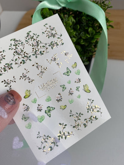 Nail Water Decal CF-552 | Green Floral & Butterfly Nail Decals | Elegant Water Stickers for Manicure