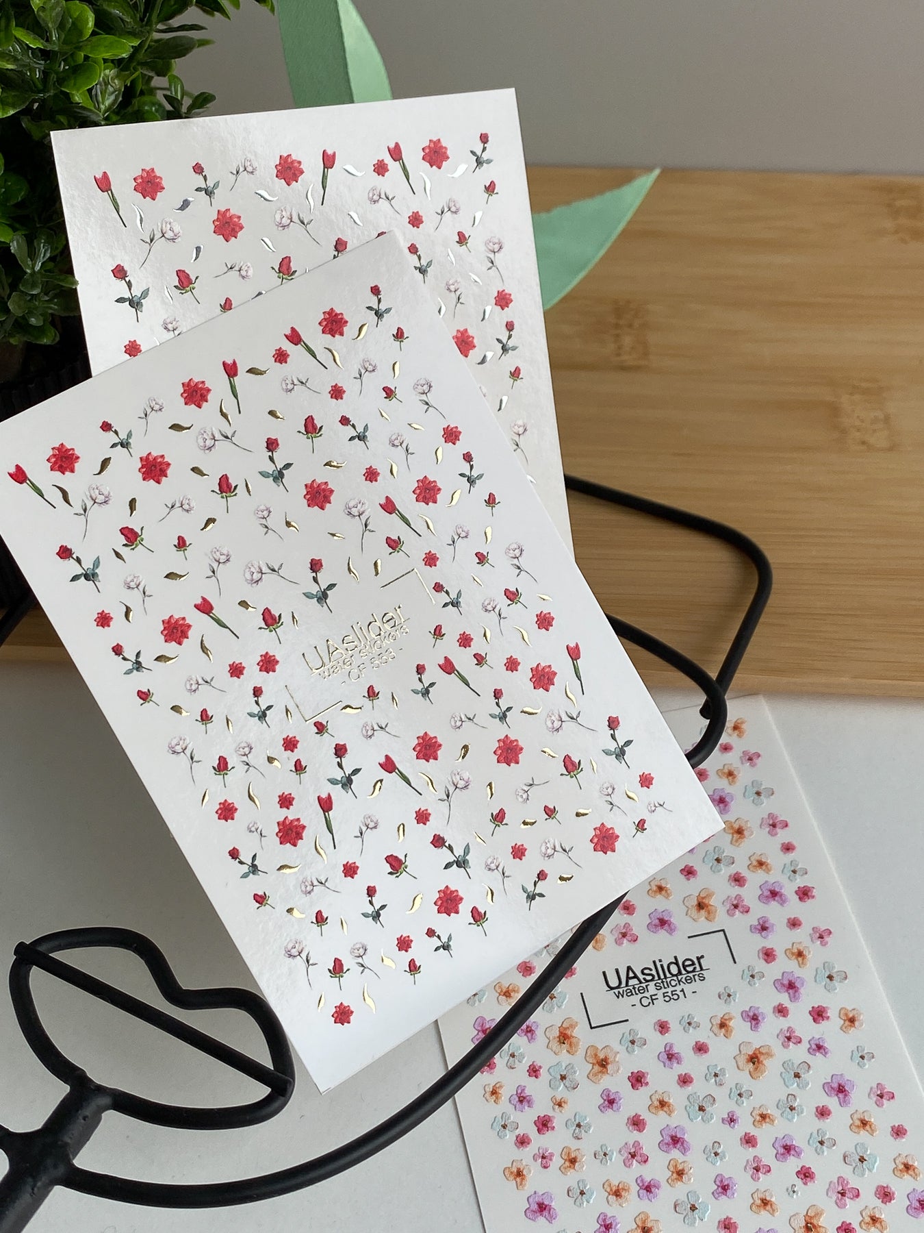 Nail Water Decal CF-553 | Red Roses & Blossoms Nail Decals | Elegant Water Stickers with Gold Details