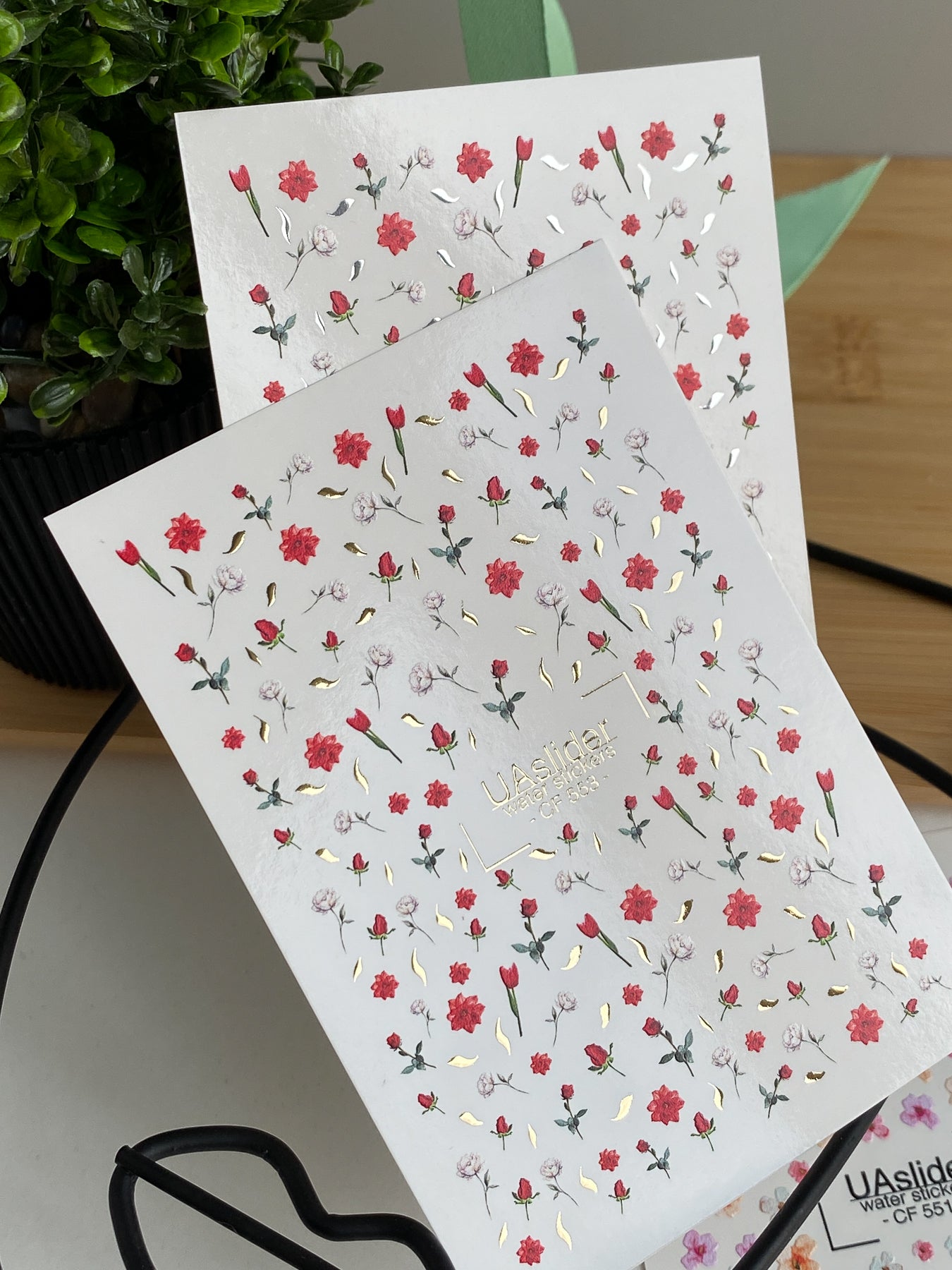 Nail Water Decal CF-553 | Red Roses & Blossoms Nail Decals | Elegant Water Stickers with Gold Details