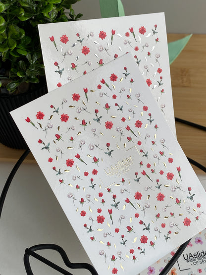 Nail Water Decal CF-553 | Red Roses & Blossoms Nail Decals | Elegant Water Stickers with Gold Details