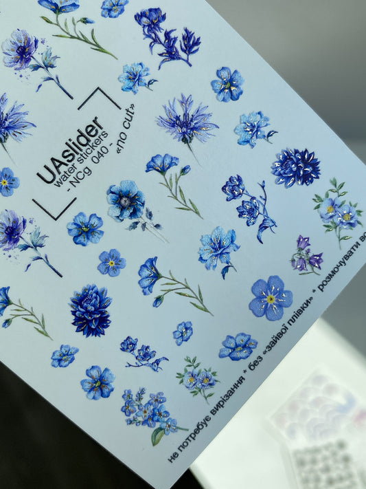 Adesivo per unghie NCg-040 | Adesivi per unghie a trasferimento ad acqua | Fiori selvatici blu e non ti scordar di me